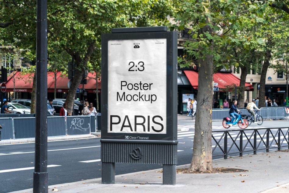 White street poster mockup showing 2:3 layout on busy Paris street with people cycling by
